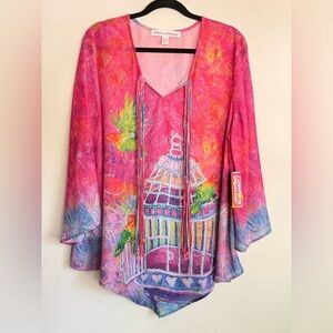Leoma Lovegrove XL Art Tunic Birdcage Parrot Print Boho Wearable Art Top